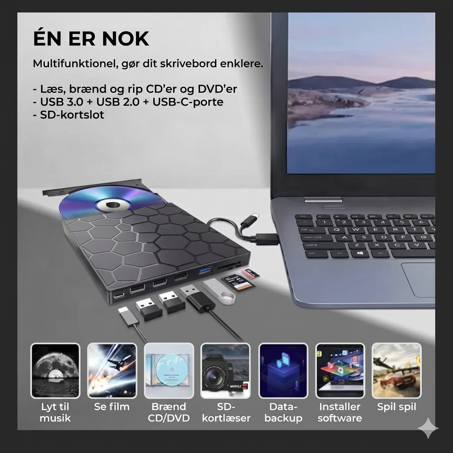 8-i-1 Ekstern CD/DVD-afspiller & USB-hub – Plug & Play