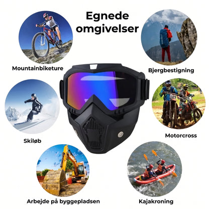 Helmaske med ridsefaste sportsbriller