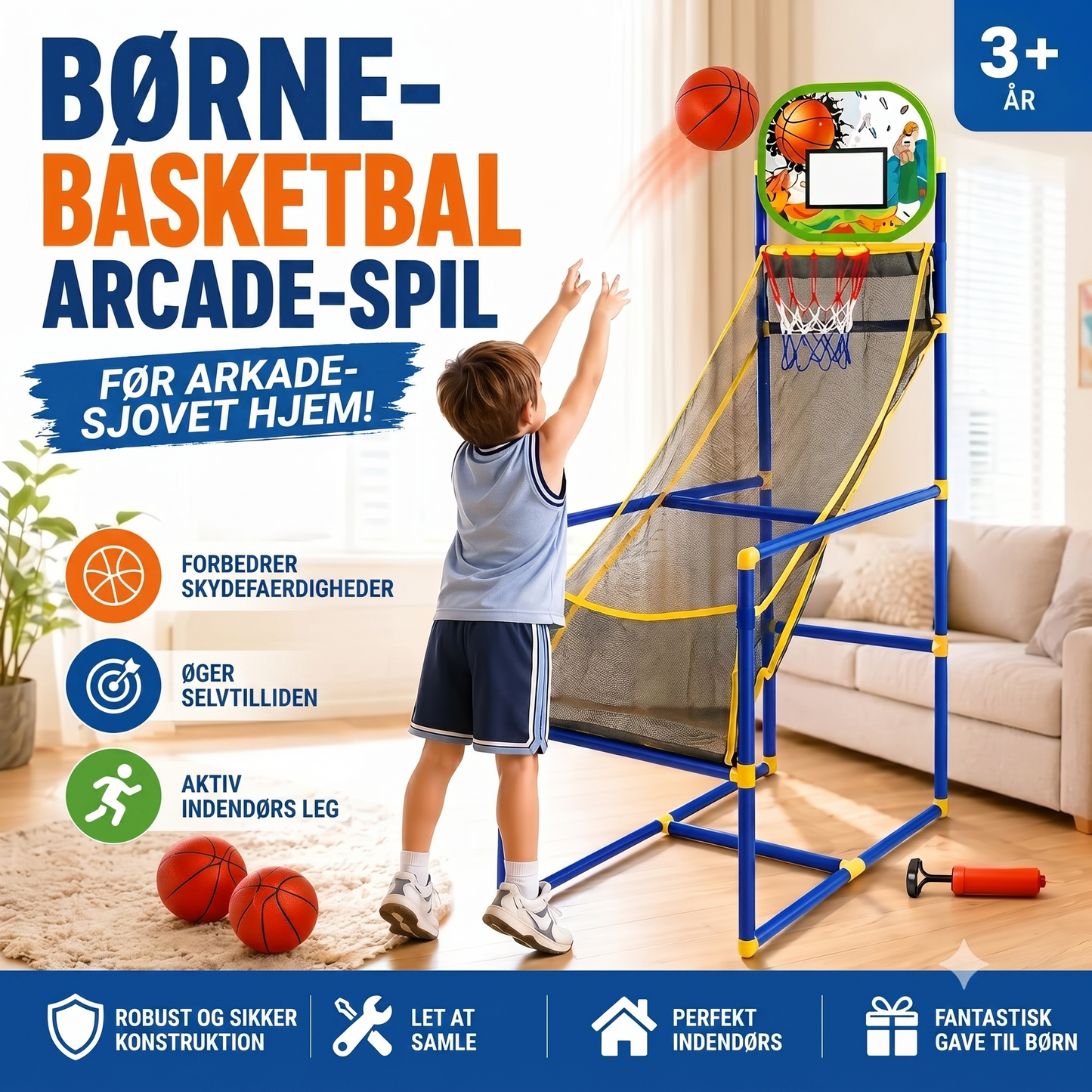 Indendørs basketballsæt med fire bolde og automatisk boldretur