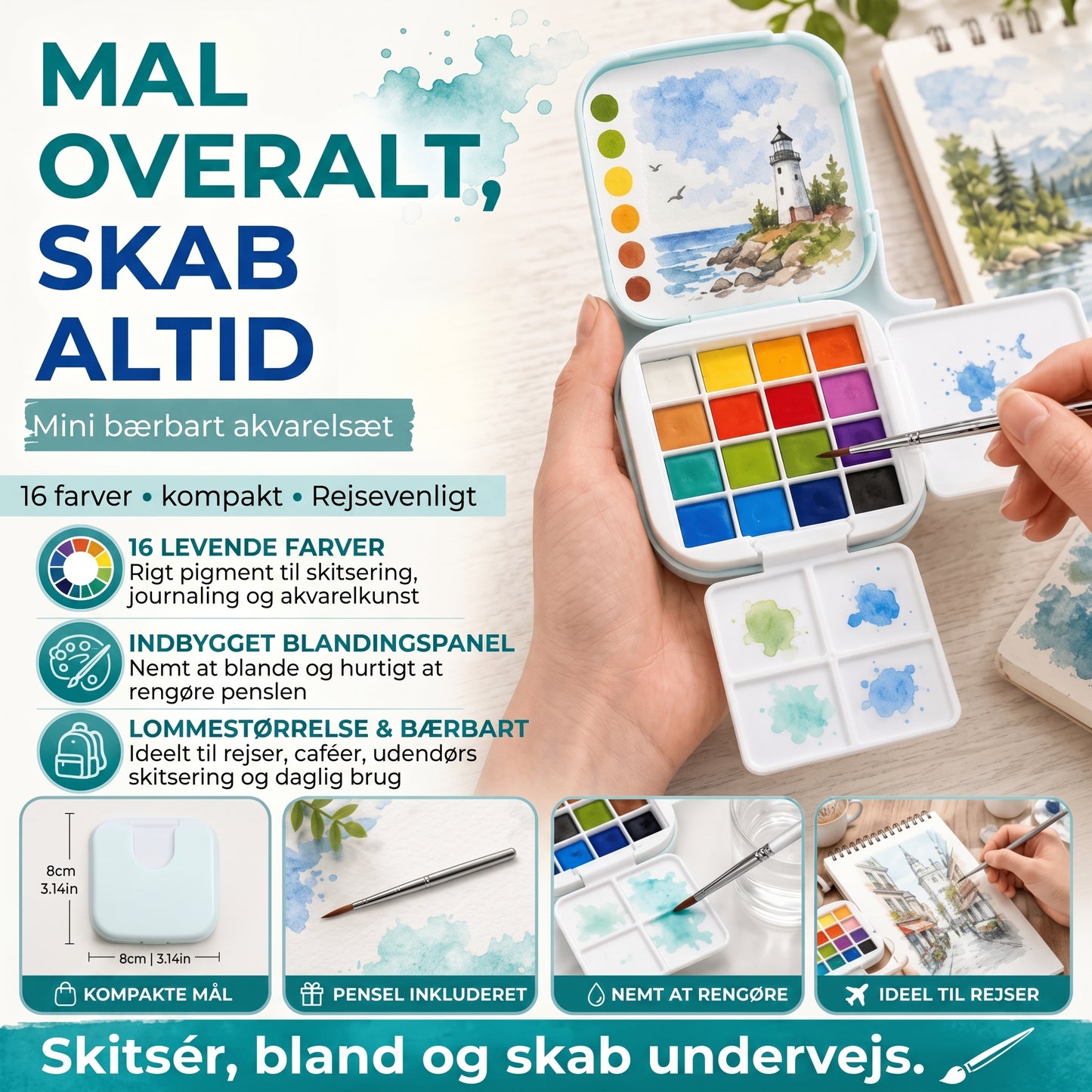 Ultrakompakt akvarelsæt med 16 farver
