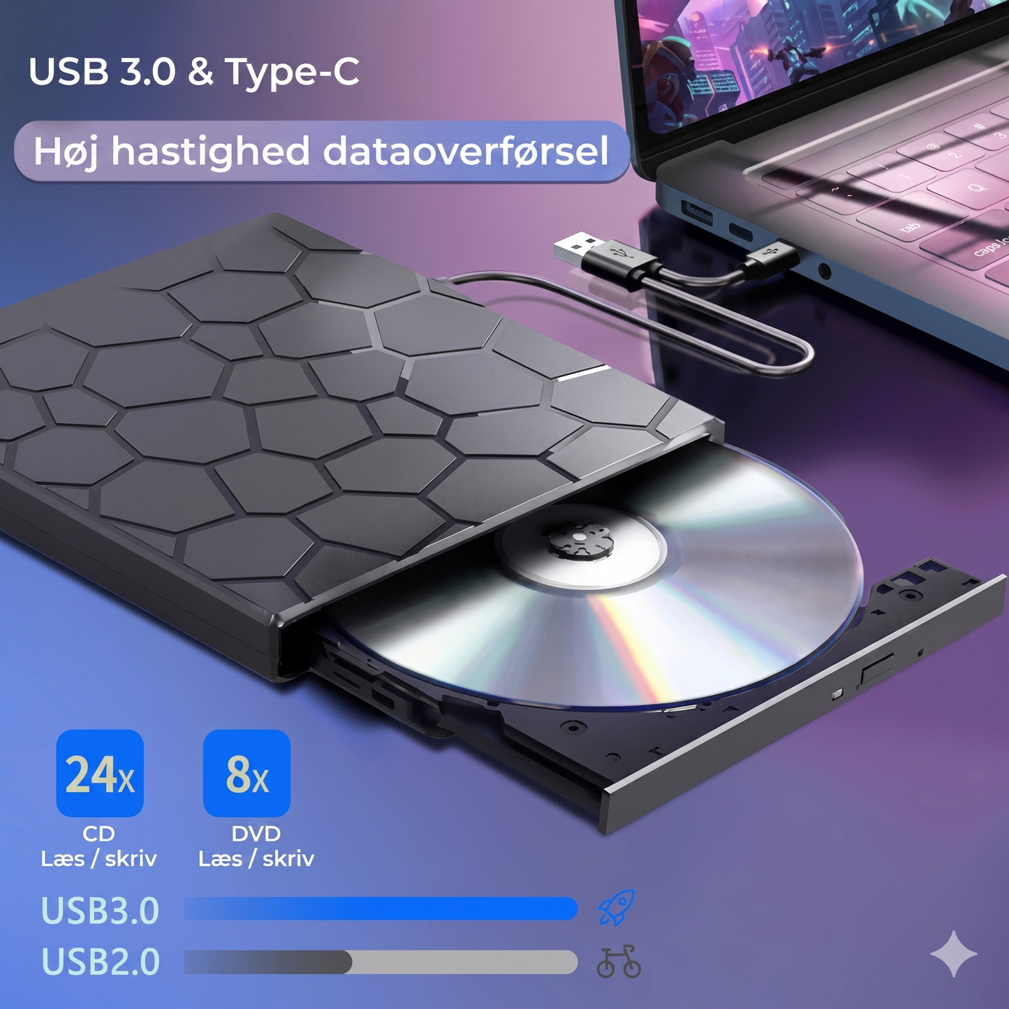 8-i-1 Ekstern CD/DVD-afspiller & USB-hub – Plug & Play