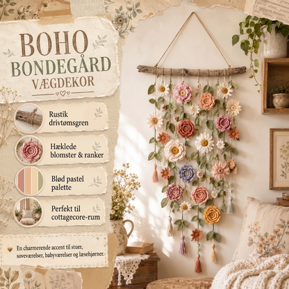 Vægdekoration med hæklede blomster