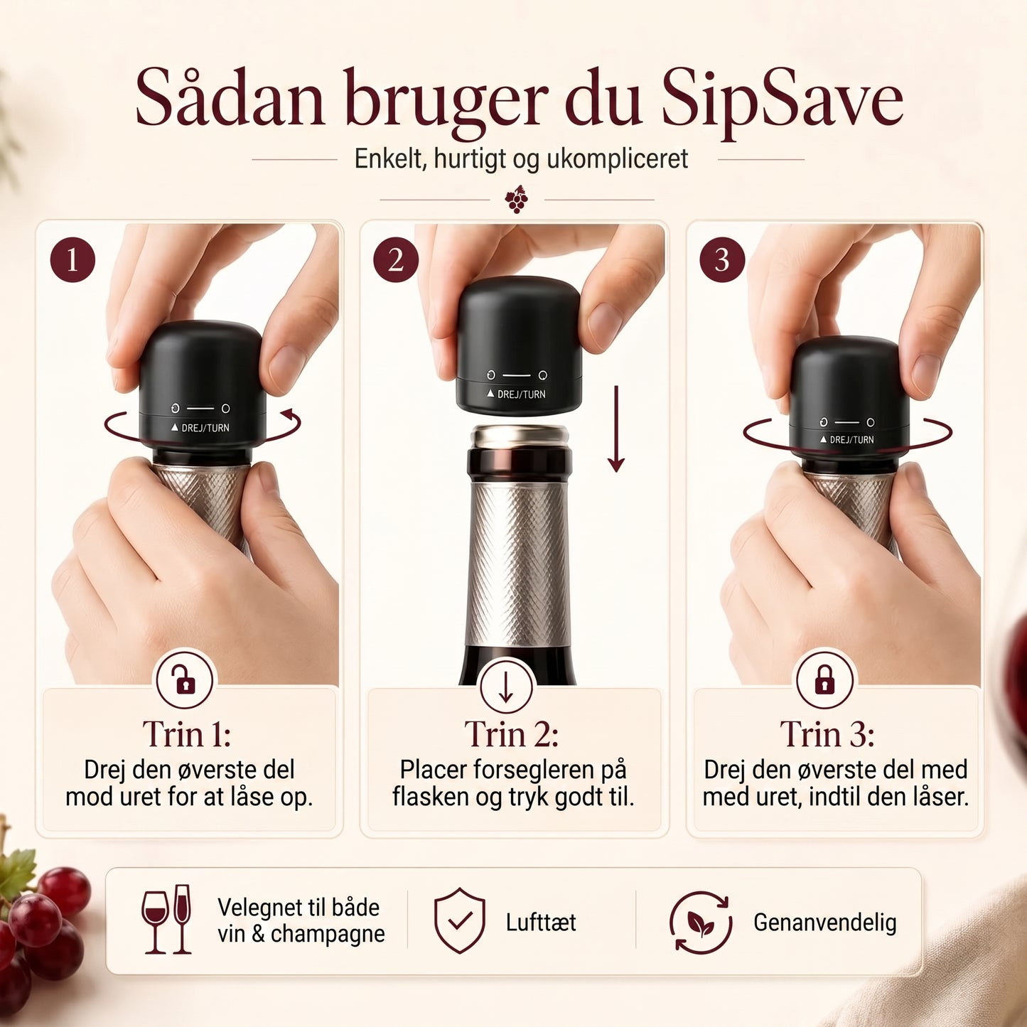 Flaskepropper til vin og champagne sæt med 4 stk.