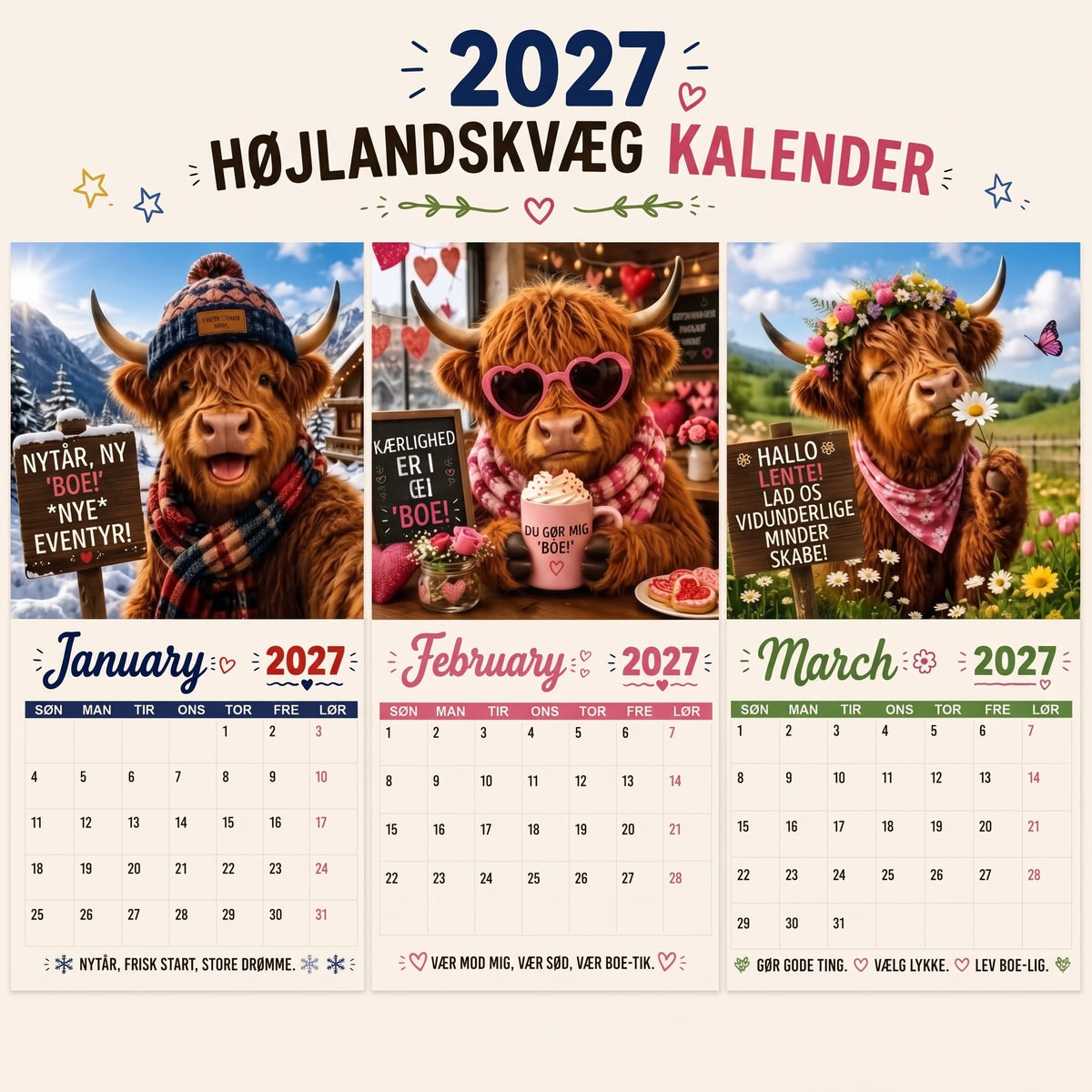 Sjov skotsk højlandskvæg-vægkalender 2027 A4