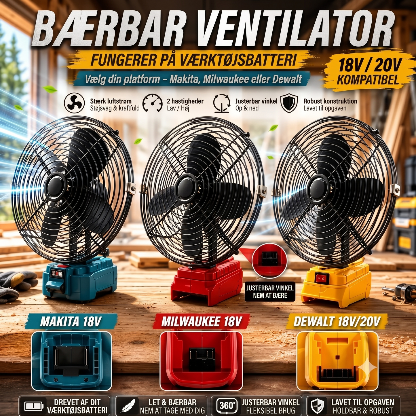 VoltAir Pro bærbar ventilator drevet af værktøjsbatteri