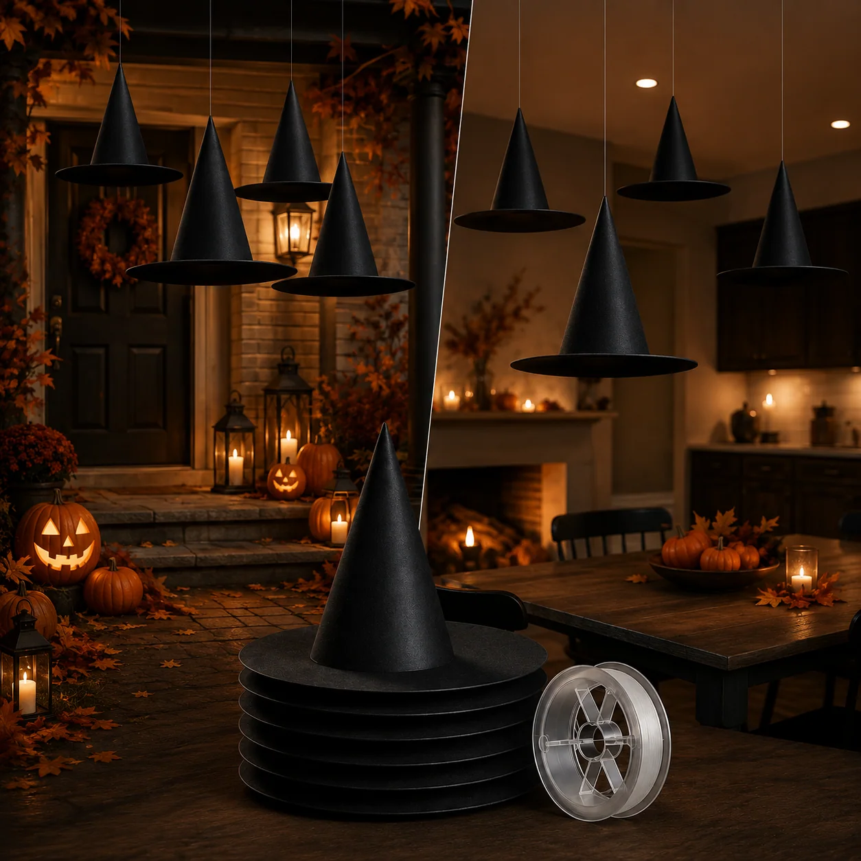 Svævende heksehatte til Halloween-dekoration