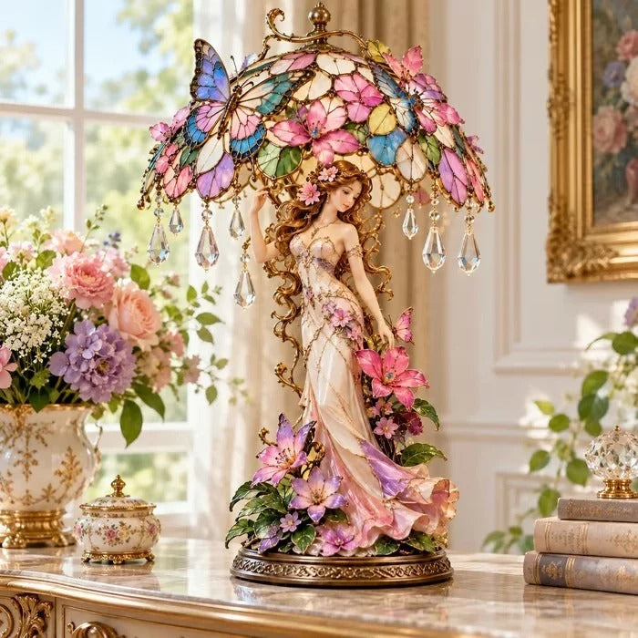 Enchanted Butterfly Garden Lady bordlampe med blomster og sommerfugle