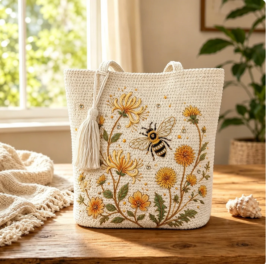 BeeBelle™ hæklet mulepose med bier og blomster