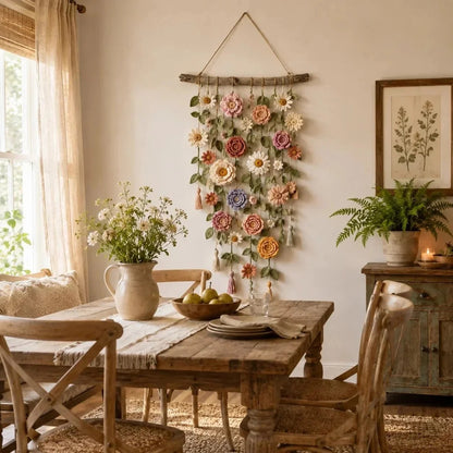 Vægdekoration med hæklede blomster