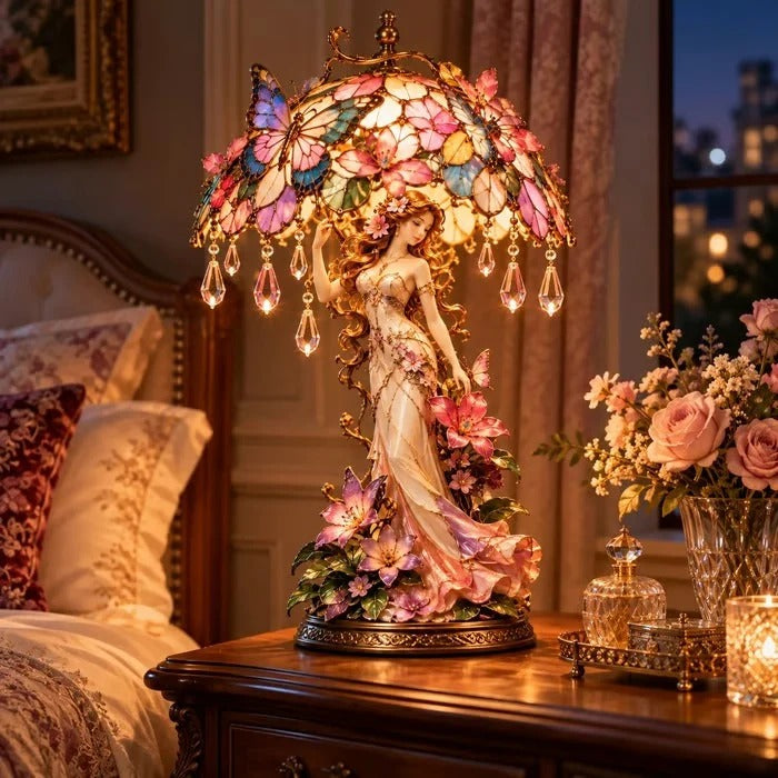 Enchanted Butterfly Garden Lady bordlampe med blomster og sommerfugle