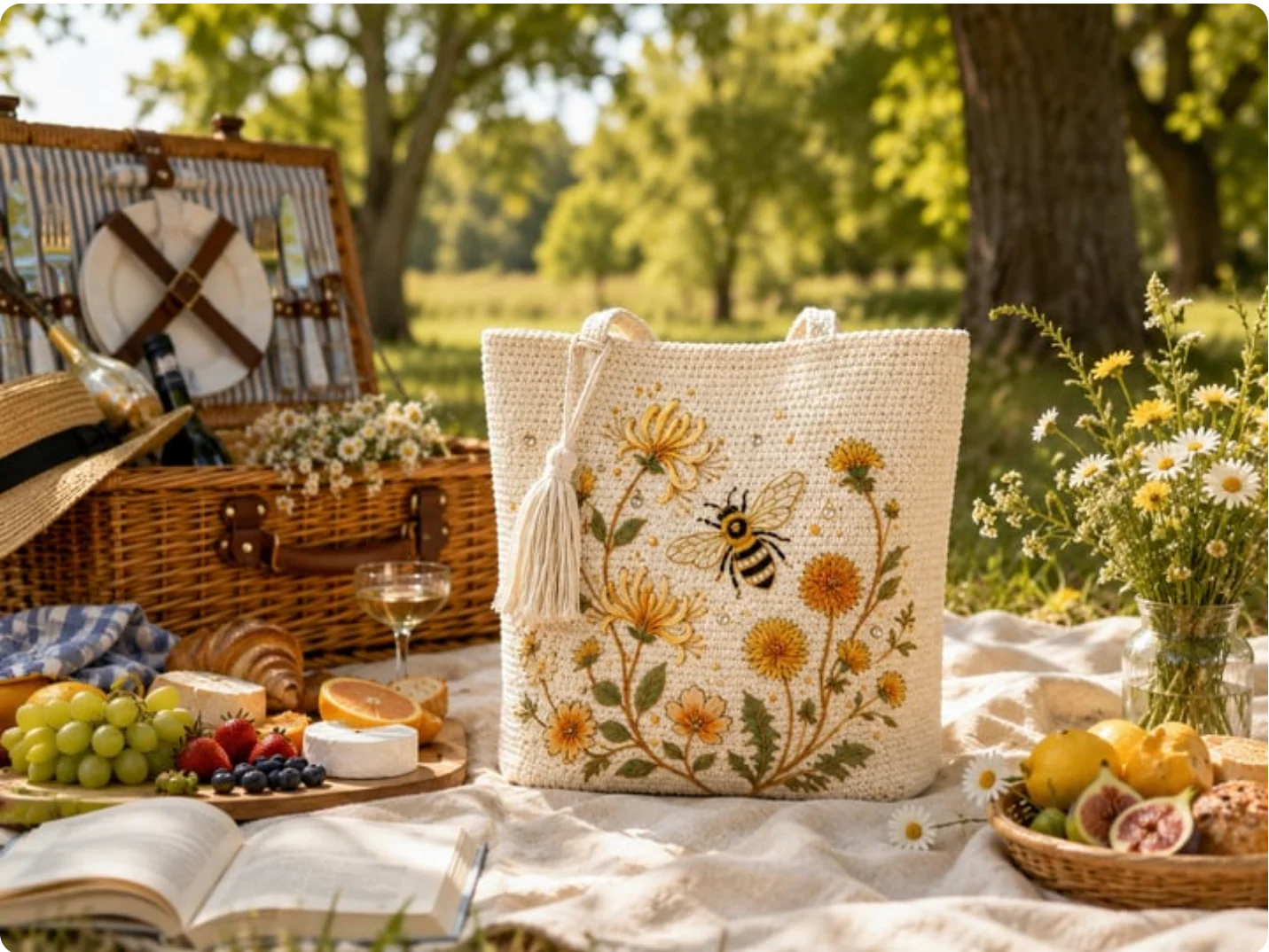 BeeBelle™ hæklet mulepose med bier og blomster