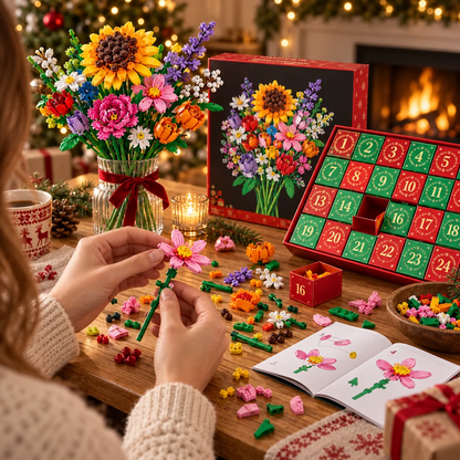 Byggesæt med blomsterbuket som adventskalender til jul