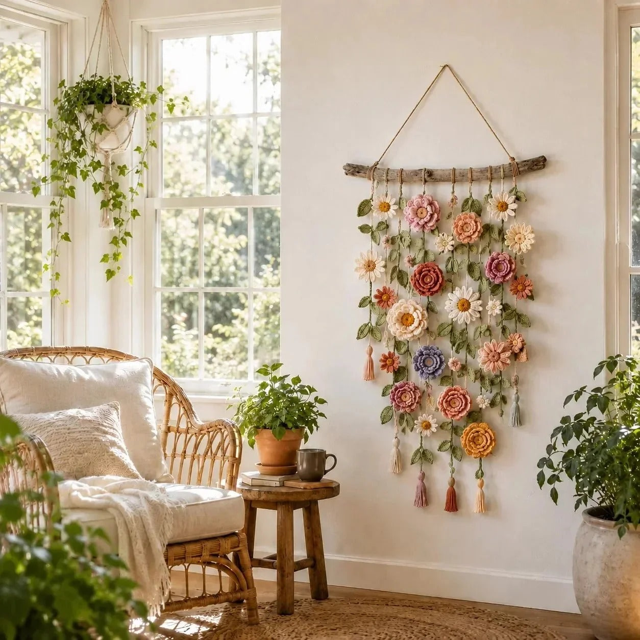 Vægdekoration med hæklede blomster