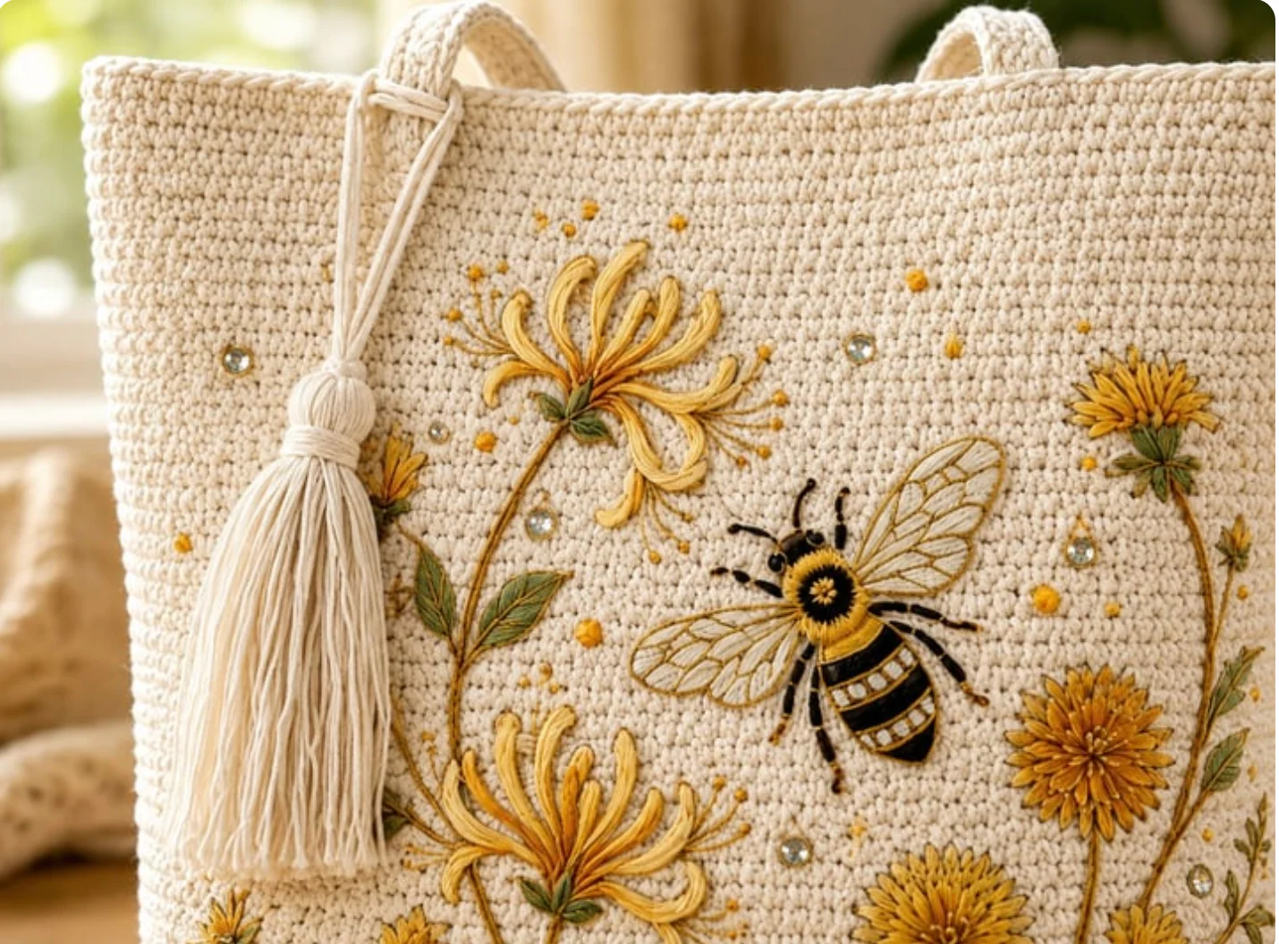 BeeBelle™ hæklet mulepose med bier og blomster