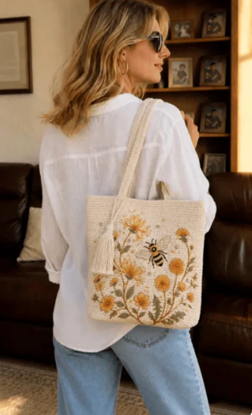 BeeBelle™ hæklet mulepose med bier og blomster