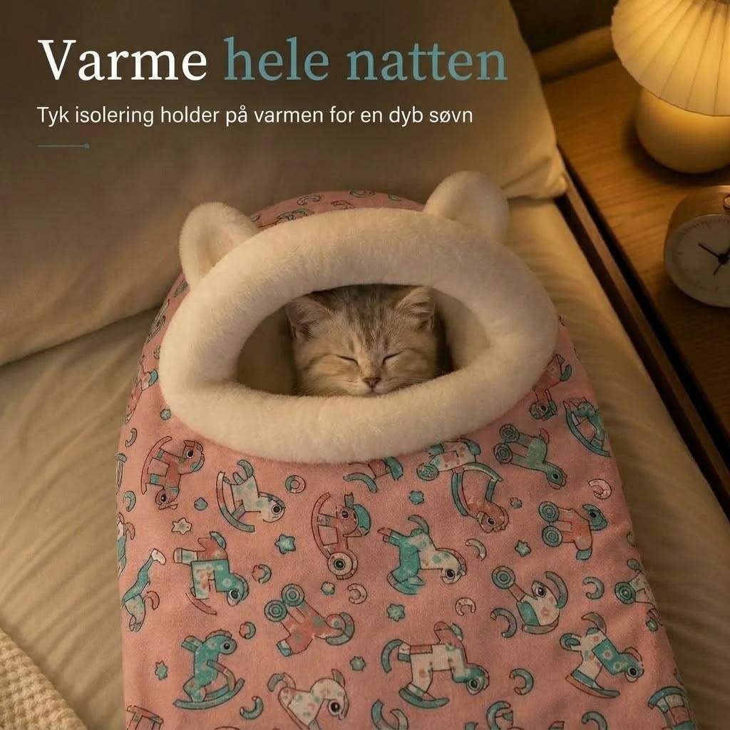 Varm halvlukket kæledyrsseng til katte og små hunde