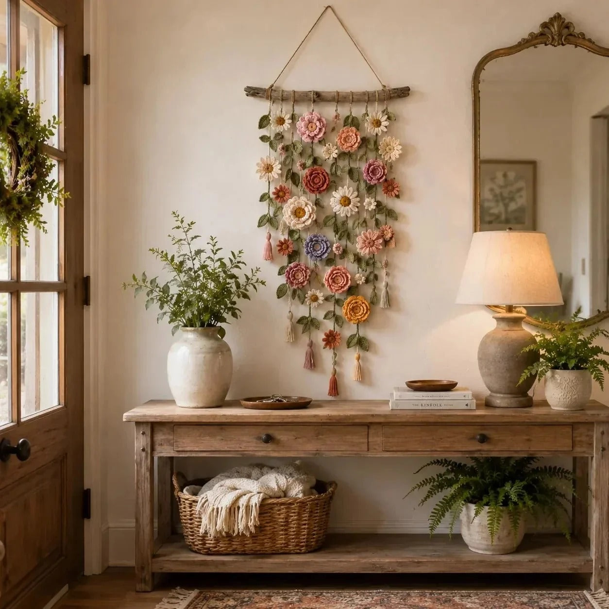 Vægdekoration med hæklede blomster